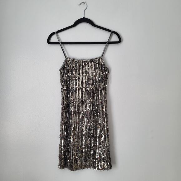 NWT $1000 Alice + Olivia Chicago Sequin Fringe Mini Dress Gunmetal Silver Sz 0 - Picture 13 of 16